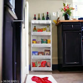 White multipurpose 5-tier slim storage rack organizer with wheels, ideal for kitchen and pantry organization